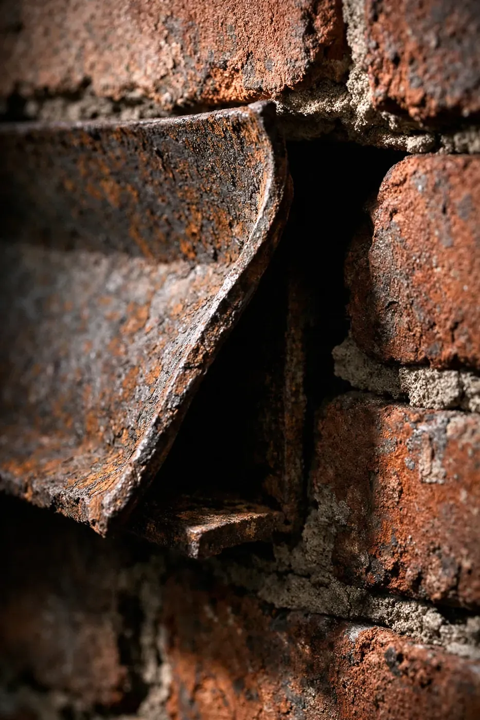 Rotated steel angle iron lintel separated from brick wall showing rotational sagging damage