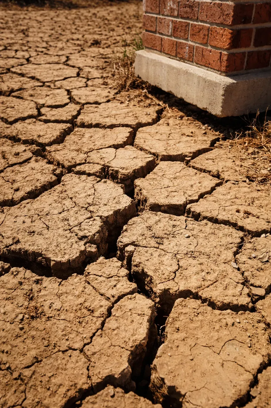 Close-up of cracked Texas clay soil and exposed brick mailbox foundation, illustrating soil movement damage in Dallas.
