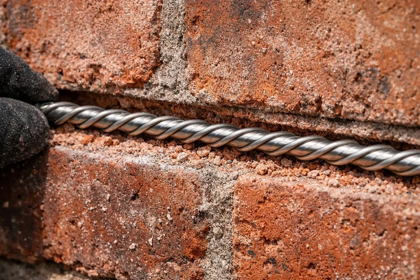 Installing a 24-inch Champion Stitching Rod for permanent structural brick crack repair in Dallas.