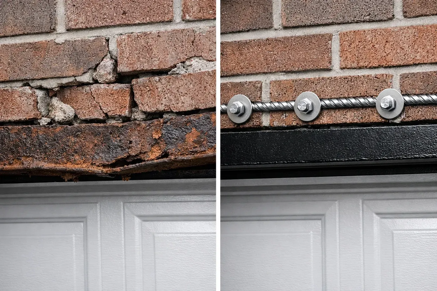 Before and after comparison of corroded steel lintel vs LintelLOCK helical anchor repair