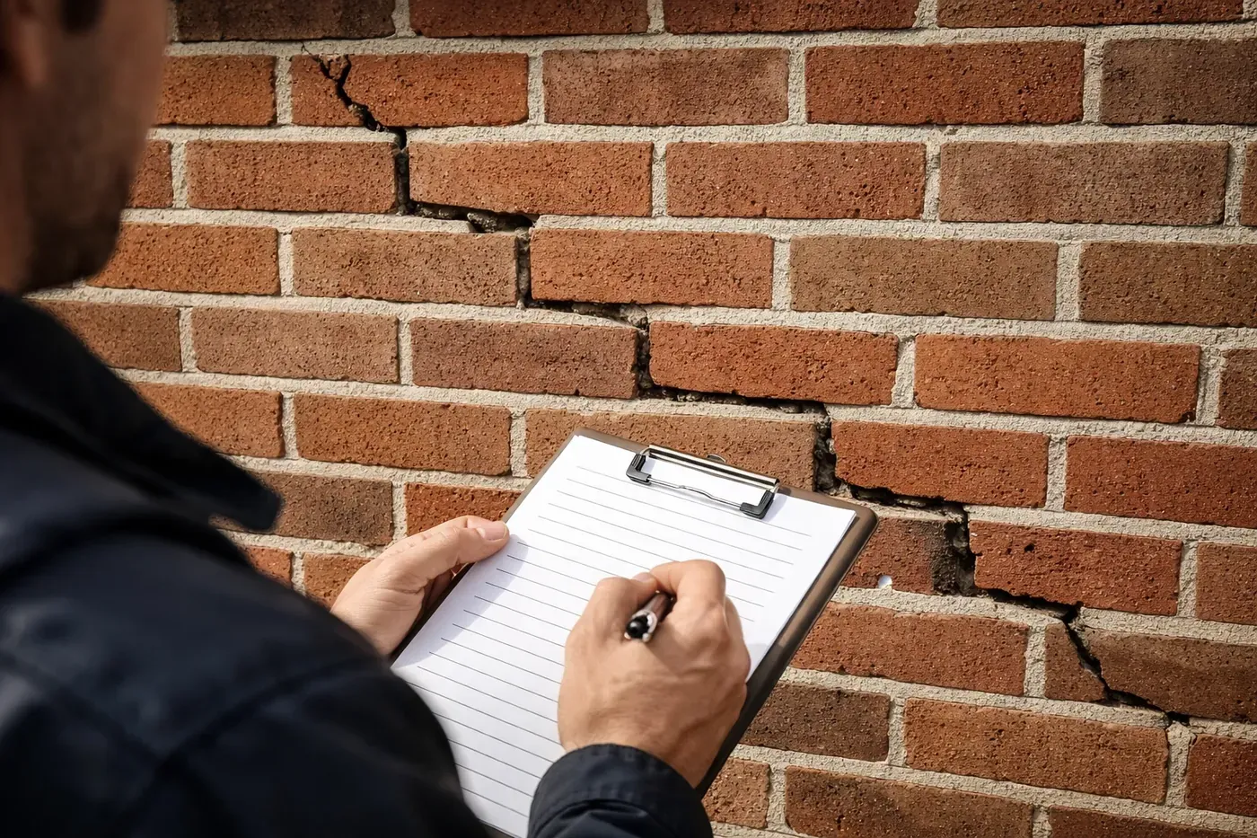 Home inspector examining stair-step cracks in brick mortar during Dallas pre-sale inspection