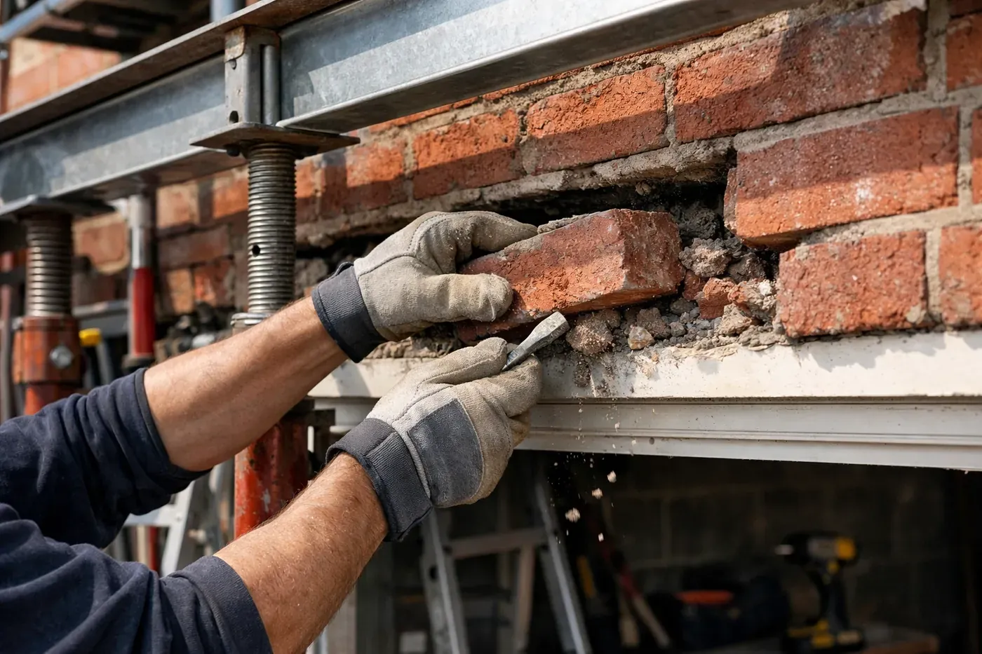 Professional mason removing damaged bricks during garage lintel repair in Dallas