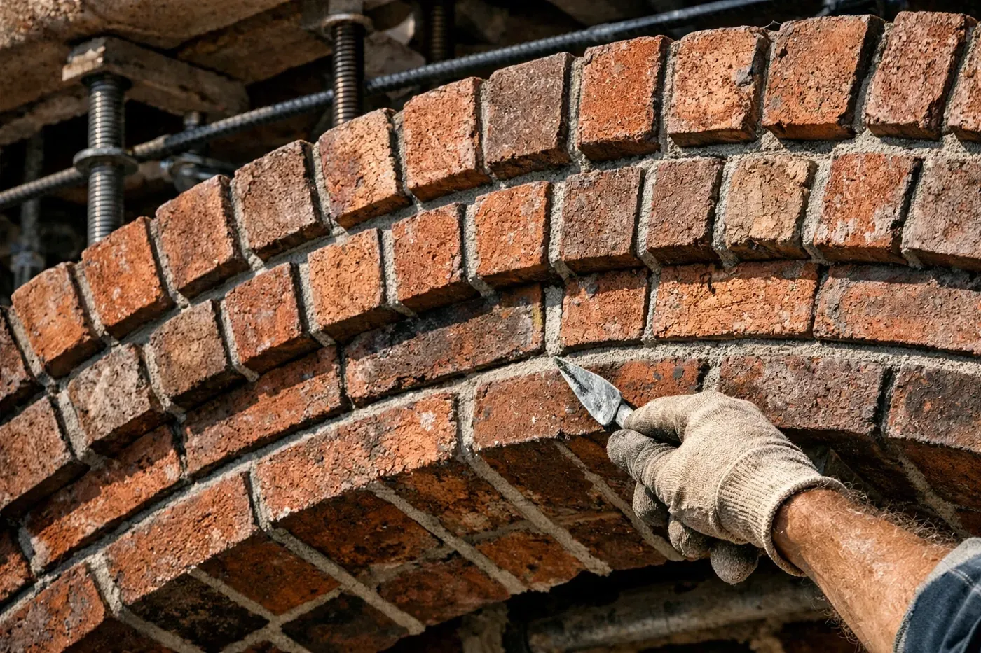 Expert masonry repair Dallas TX: technician restoring a brick arch using historic mortar matching techniques.