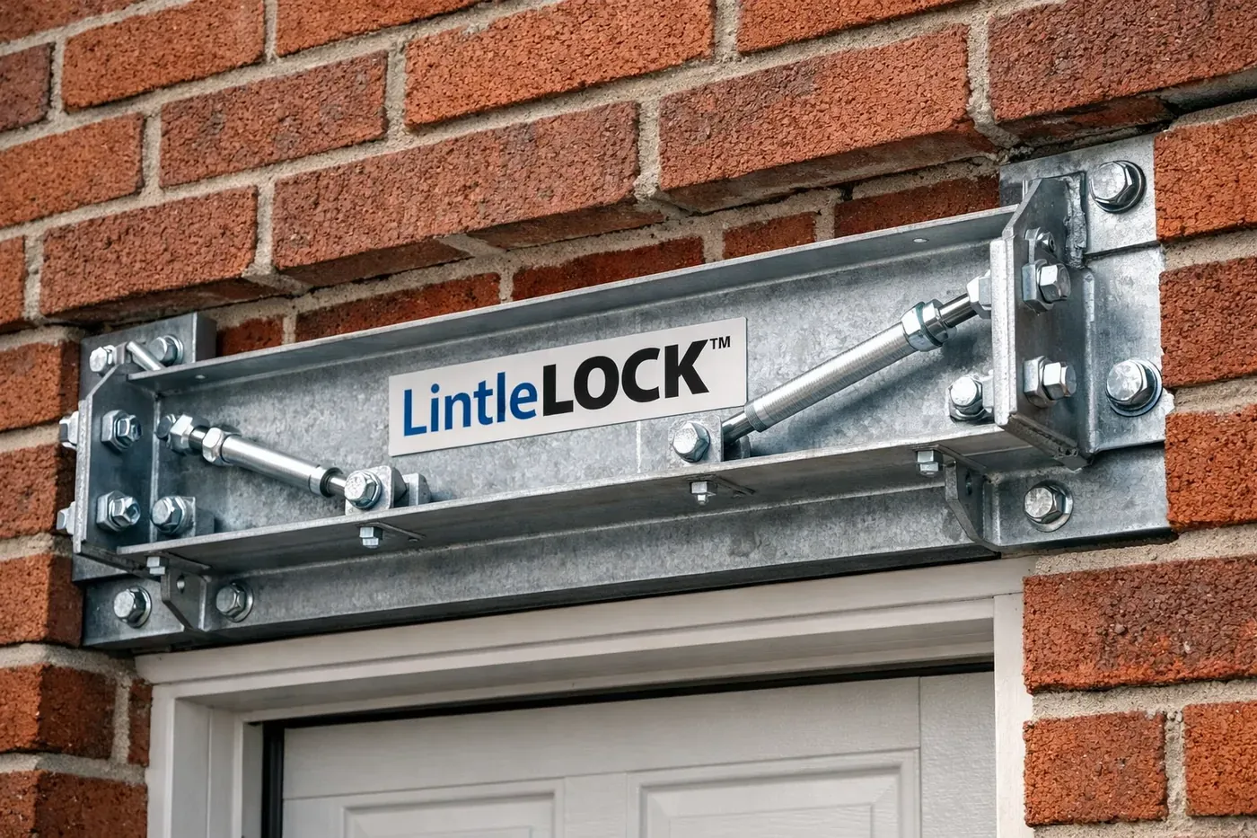 LintelLOCK™ reinforcement system installed above garage door with structural supports