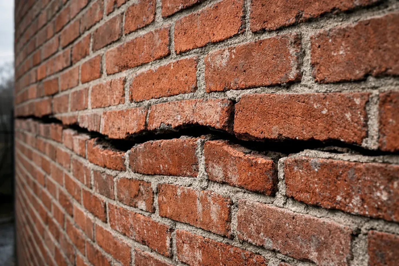 Horizontal brick crack with wall bowing indicating foundation problems in Dallas home