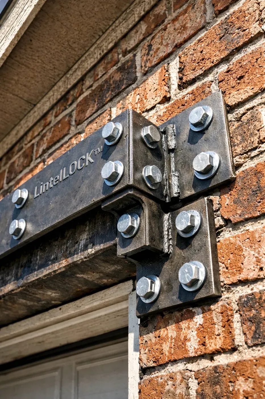 LintelLOCK system installation fixing a sagging garage door lintel and restoring brick structural integrity.