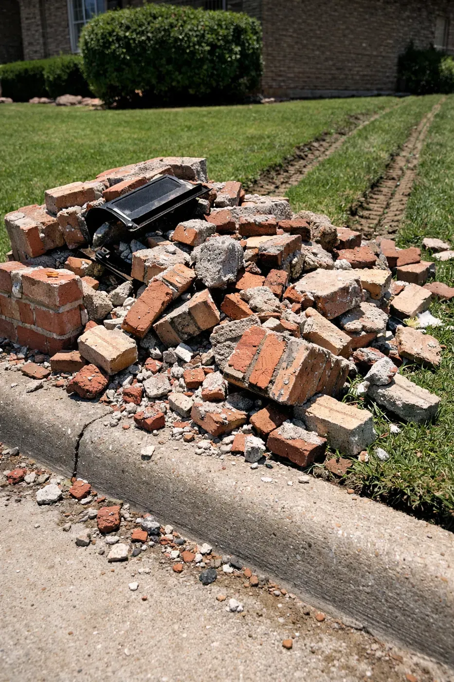 A broken brick mailbox in Dallas shattered by a car, documenting damage for a brick mailbox repair dallas insurance claim.