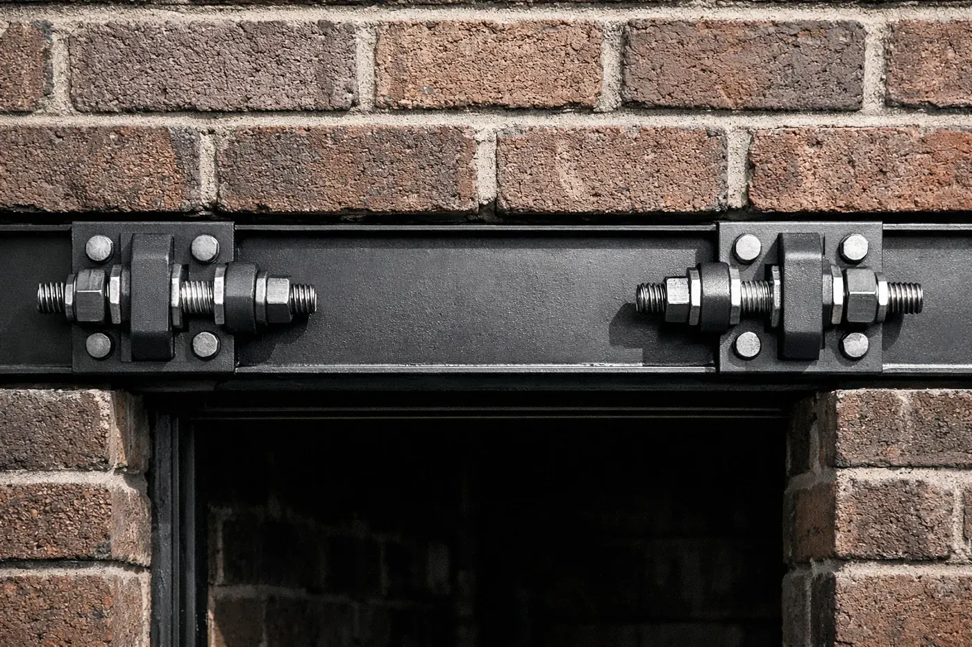 Close-up of the patented LintelLOCK system hardware installed in a brick header to fix rotational lintel failure.