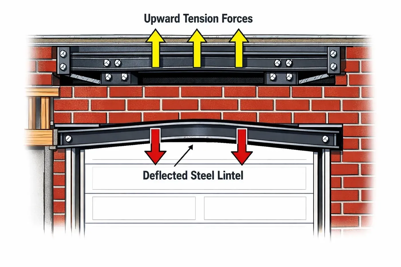 Garage lintel repair diagram showing LintelLOCK drawing action correcting sagging brick