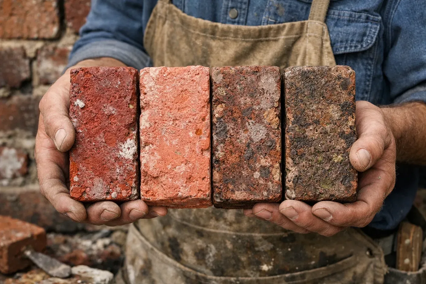 Mason comparing vintage brick samples for precise color matching in Dallas
