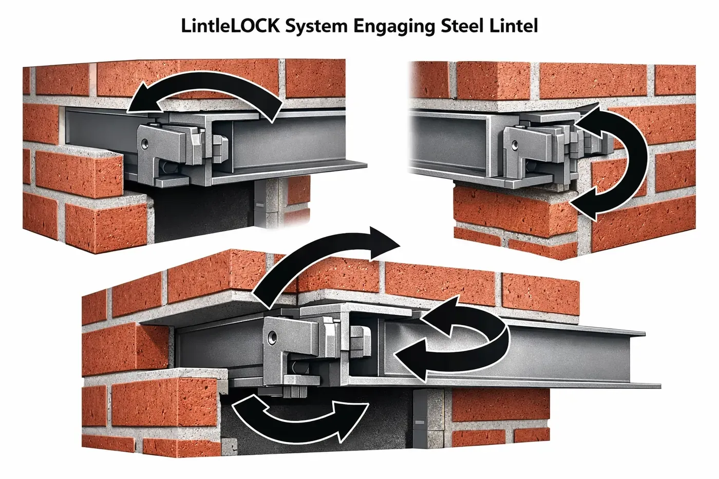 LintelLOCK system diagram showing multi-angle lintel rotation correction method