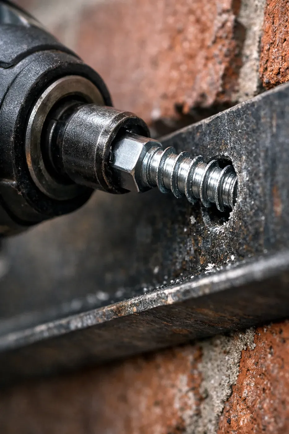 Heavy-duty lag bolt being installed through steel lintel during LintelLOCK repair process