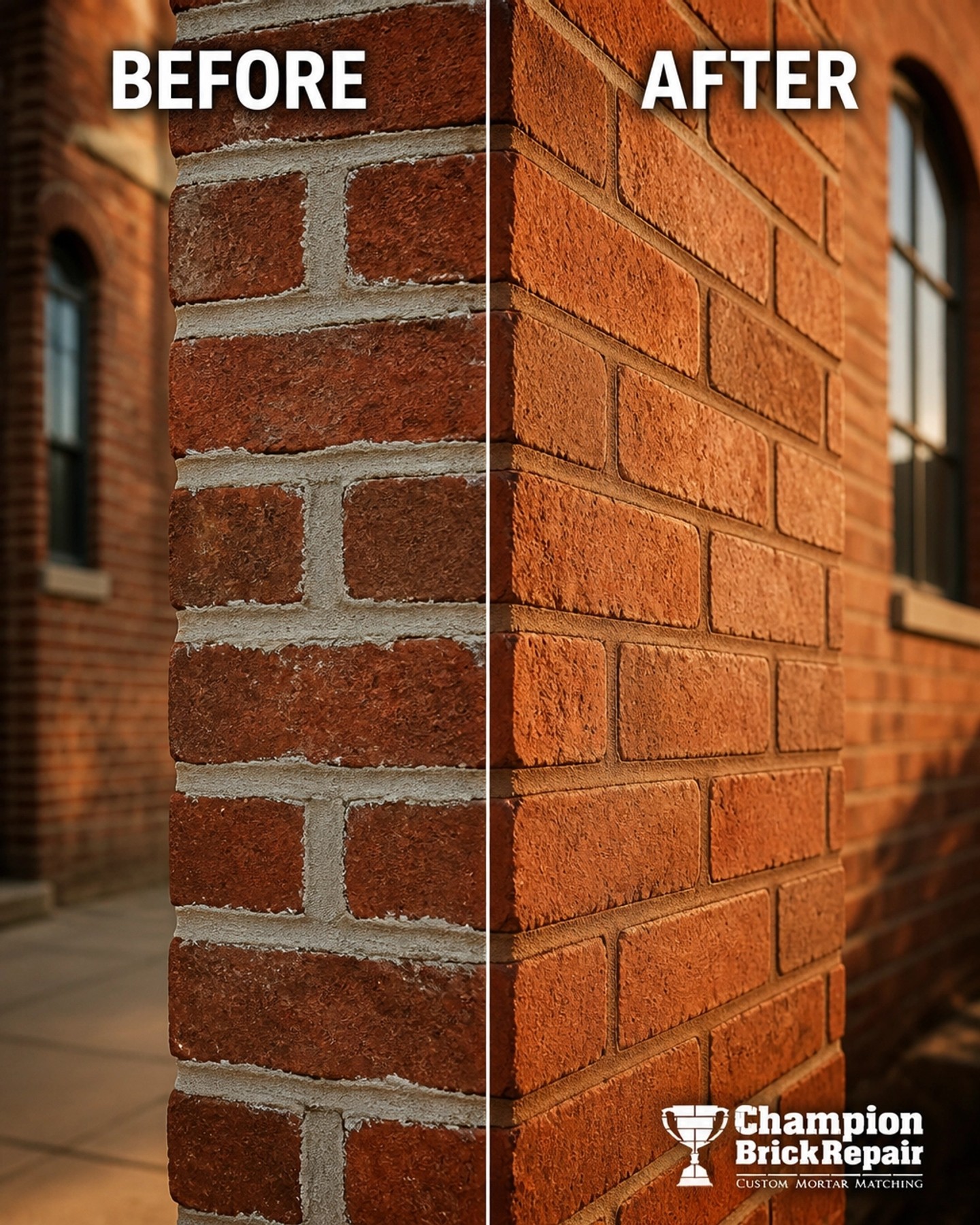 Tuckpointing in Dallas: smeared gray mortar joints before, clean color-matched joints after a proper wash