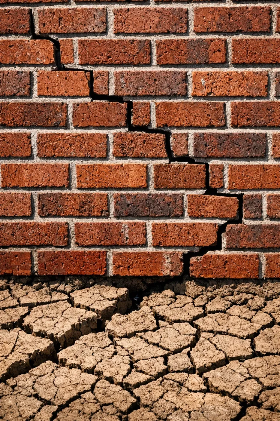 Stair-step crack in a Dallas brick wall caused by shifting clay soil and foundation movement.