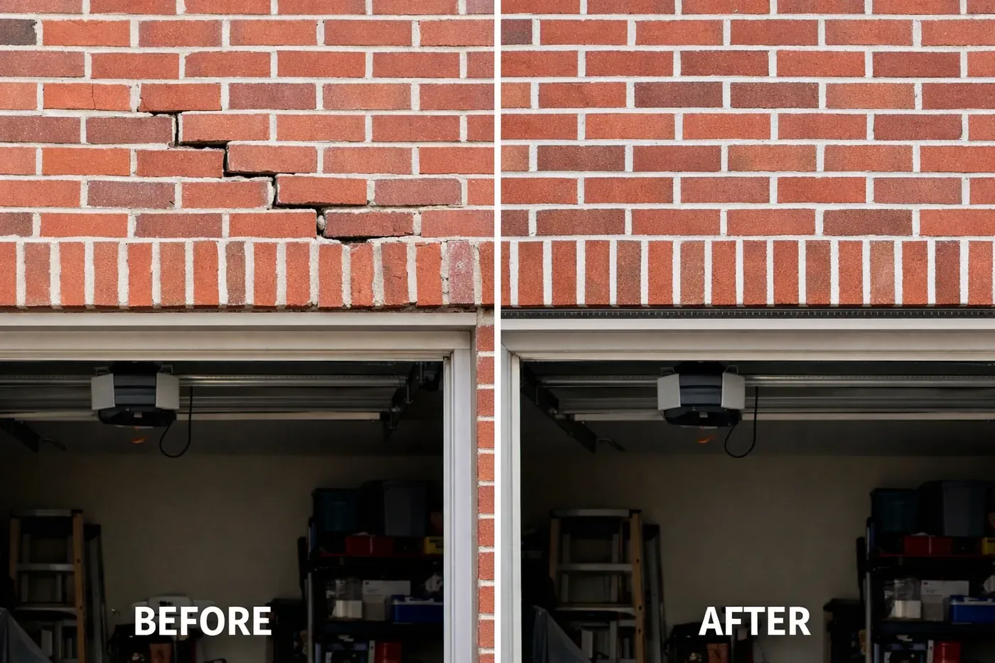Before and after comparison of failed garage lintel repair vs permanent LintelLOCK fix