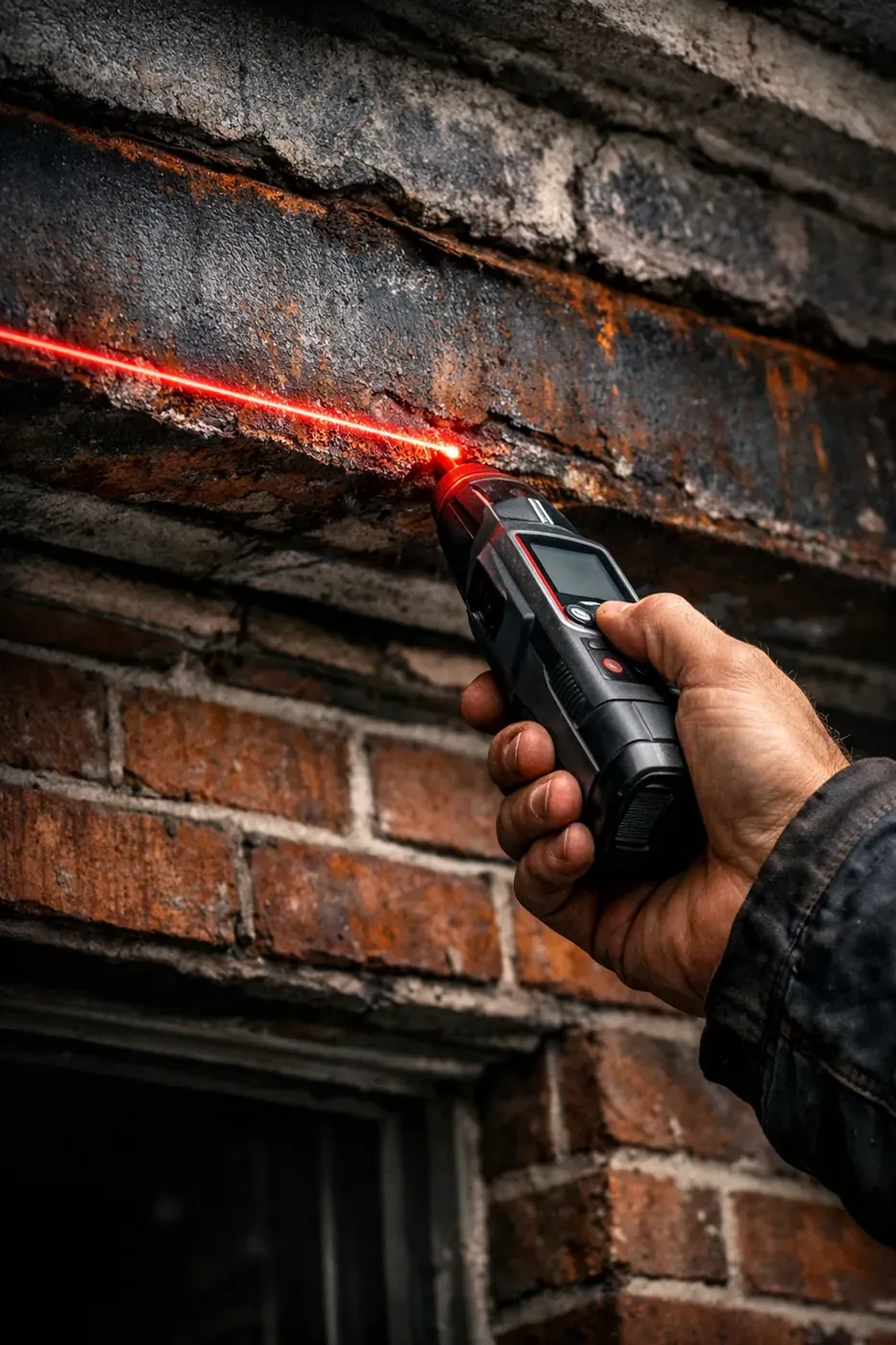 Laser measurement of sagging garage lintel during structural engineering assessment