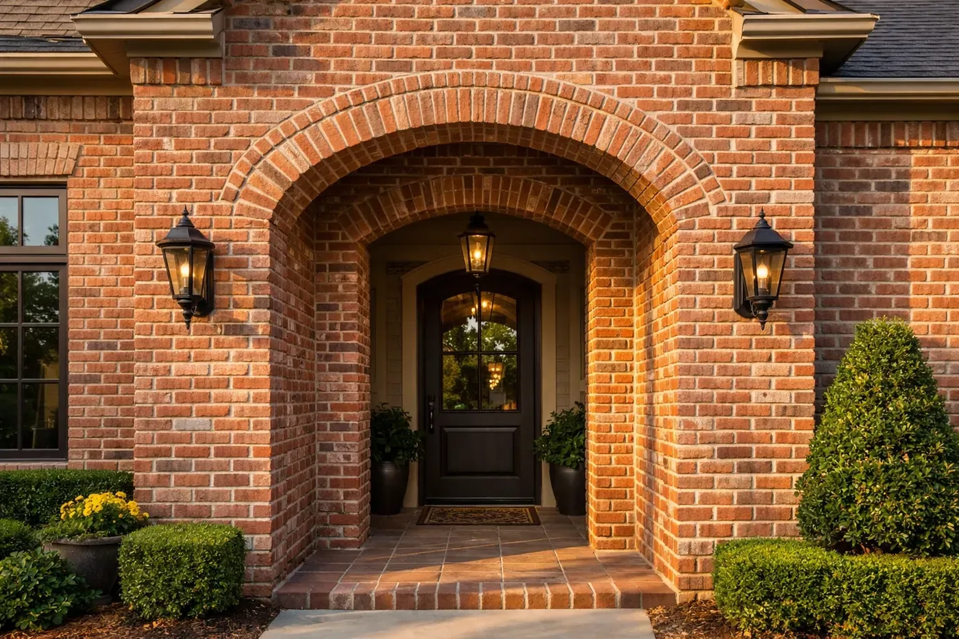 High-quality brick archway restoration with perfectly color-matched mortar on a Dallas residence.