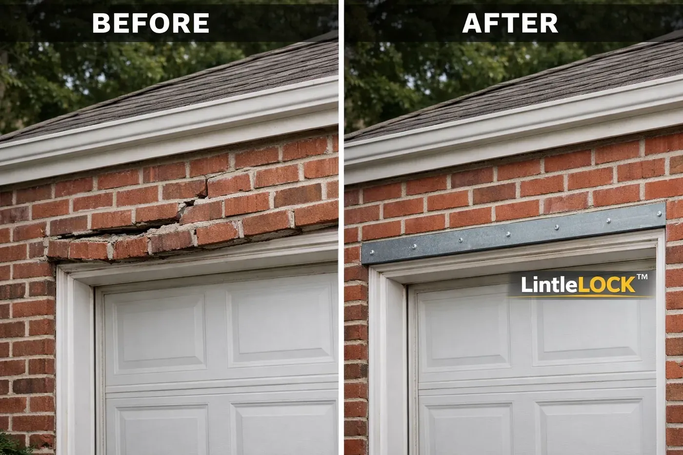 Before and after garage lintel repair showing sagging bricks restored to straight alignment