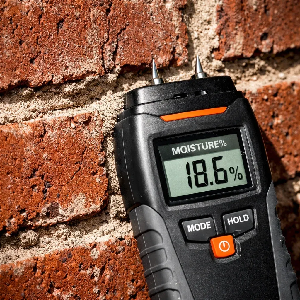 Professional moisture meter testing for water damage on weathered Dallas brick and mortar joints.